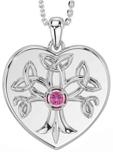 Pink Tourmaline Silver Celtic Tree of Life Trinity Knot Heart Necklace