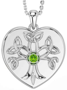 Peridot Silver Celtic Tree of Life Trinity Knot Heart Necklace