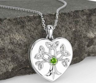 Peridot Silver Keltiskt Träd av Liv Treenighet Knut Hjärta Halsband