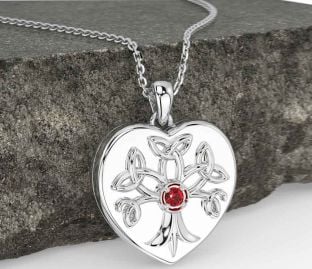 Ruby Silver Celtic Tree of Life Trinity Knot Heart Necklace