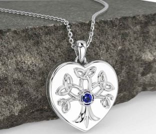 Sapphire Silver Celtic Tree of Life Trinity Knot Heart Necklace