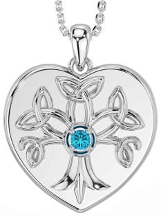 Topaz Silver Celtic Tree of Life Trinity Knot Heart Necklace