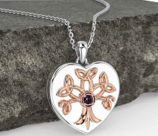 Alexandrite Rose Gold Silver Celtic Tree of Life Trinity Knot Heart Necklace