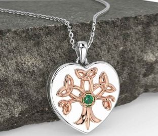 Emerald Rose Gold Silver Celtic Tree of Life Trinity Knot Heart Necklace