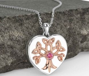 Pink Tourmaline Rose Gold Silver Celtic Tree of Life Trinity Knot Heart Necklace