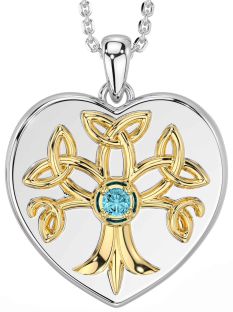 Aquamarine Gold Silver Celtic Tree of Life Trinity Knot Heart Necklace