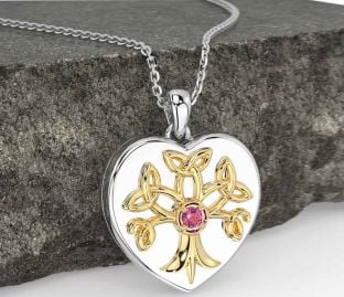 Pink Tourmaline Gold Silver Celtic Tree of Life Trinity Knot Heart Necklace