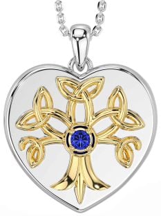 Sapphire Gold Silver Celtic Tree of Life Trinity Knot Heart Necklace