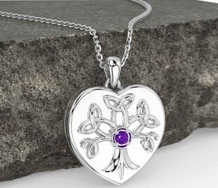 Amethyst White Gold Celtic Tree of Life Trinity Knot Heart Necklace