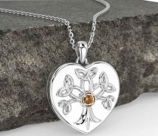 Citrine White Gold Celtic Tree of Life Trinity Knot Heart Necklace