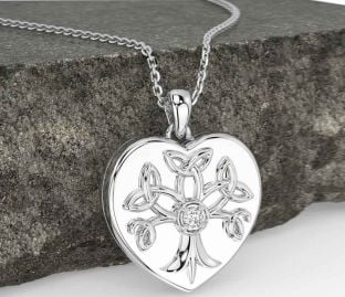 Diamond White Gold Celtic Tree of Life Trinity Knot Heart Necklace
