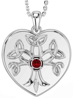 Garnet White Gold Celtic Tree of Life Trinity Knot Heart Necklace