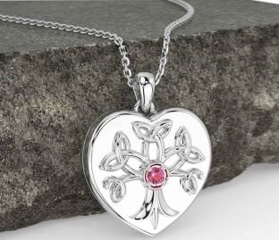Pink Tourmaline White Gold Celtic Tree of Life Trinity Knot Heart Necklace