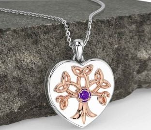 Amethyst White Rose Gold Celtic Tree of Life Trinity Knot Heart Necklace