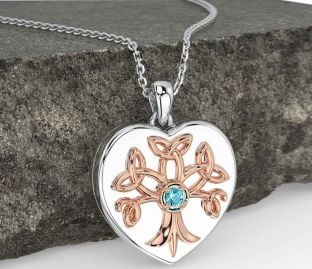 Aquamarine White Rose Gold Celtic Tree of Life Trinity Knot Heart Necklace