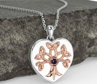 Alexandrite White Rose Gold Celtic Tree of Life Trinity Knot Heart Necklace