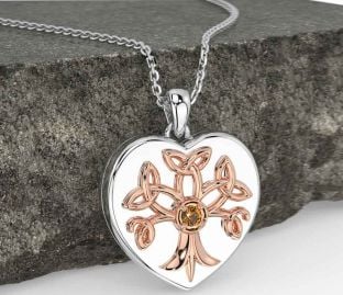 Citrine White Rose Gold Celtic Tree of Life Trinity Knot Heart Necklace