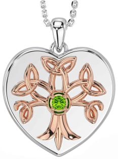 Peridot White Rose Gold Celtic Tree of Life Trinity Knot Heart Necklace
