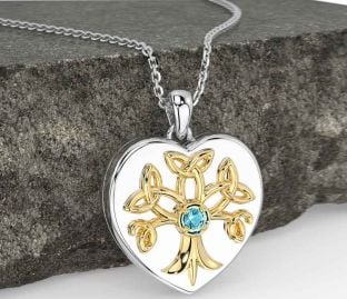 Aquamarine White Yellow Gold Celtic Tree of Life Trinity Knot Heart Necklace