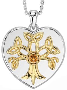 Citrine White Yellow Gold Celtic Tree of Life Trinity Knot Heart Necklace