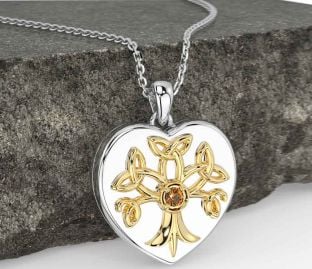 Citrine White Yellow Gold Celtic Tree of Life Trinity Knot Heart Necklace