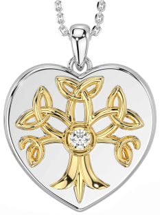 Diamond White Yellow Gold Celtic Tree of Life Trinity Knot Heart Necklace