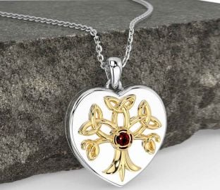 Garnet White Yellow Gold Celtic Tree of Life Trinity Knot Heart Necklace