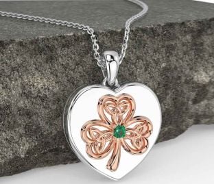 Emerald Rose Gold Silver Celtic Heart Shamrock Trinity Knot Necklace
