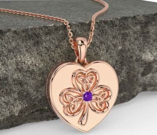 Amethyst Rose Gold Silver Celtic Heart Shamrock Trinity Knot Necklace