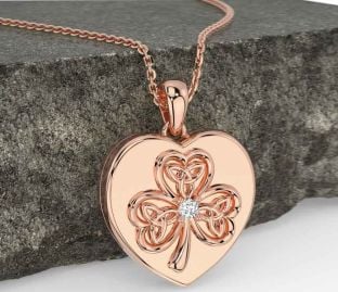 Diamond Rose Gold Silver Celtic Heart Shamrock Trinity Knot Necklace