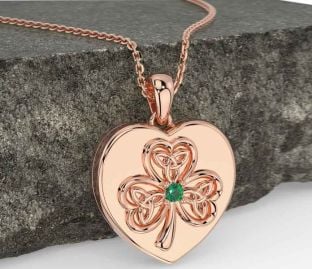 Emerald Rose Gold Silver Celtic Heart Shamrock Trinity Knot Necklace