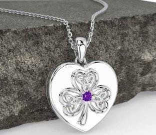Amethyst White Gold Celtic Heart Shamrock Trinity Knot Necklace