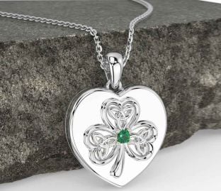 Emerald White Gold Celtic Heart Shamrock Trinity Knot Necklace