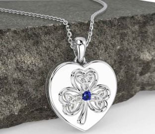 Sapphire White Gold Celtic Heart Shamrock Trinity Knot Necklace