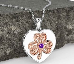 Amethyst White Rose Gold Celtic Heart Shamrock Trinity Knot Necklace