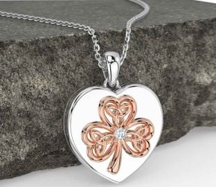 Diamond White Rose Gold Celtic Heart Shamrock Trinity Knot Necklace