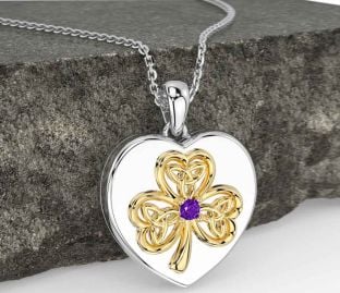 Amethyst White Yellow Gold Celtic Heart Shamrock Trinity Knot Necklace