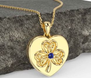 Sapphire Gold Celtic Heart Shamrock Trinity Knot Necklace