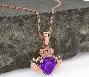 Amethyst Rose Gold Silver Claddagh Necklace