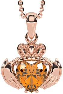 Citrine Rose Gold Silver Claddagh Necklace
