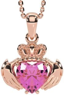 Pink Tourmaline Rose Gold Silver Claddagh Necklace