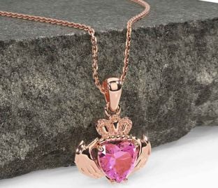 Pink Tourmaline Rose Gold Silver Claddagh Necklace