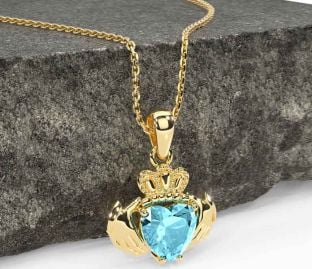 Aquamarine Gold Silver Claddagh Necklace