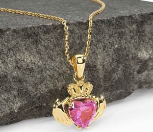 Pink Tourmaline Gold Silver Claddagh Necklace