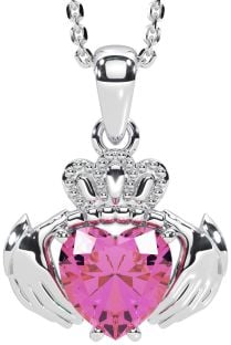 Pink Tourmaline White Gold Claddagh Necklace