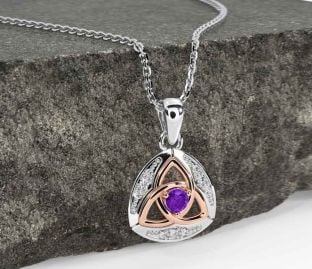 Diamond Amethyst Rose Gold Silver Celtic Trinity Knot Necklace