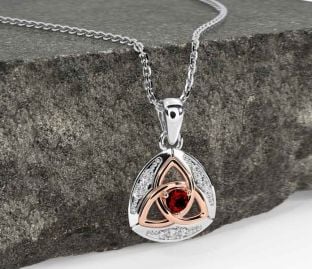 Diamond Garnet Rose Gold Silver Celtic Trinity Knot Necklace