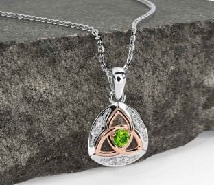 Diamond Peridot Rose Gold Silver Celtic Trinity Knot Necklace