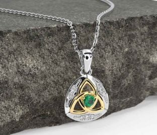 Diamond Emerald Gold Silver Celtic Trinity Knot Necklace