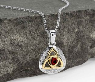 Diamond Garnet Gold Silver Celtic Trinity Knot Necklace